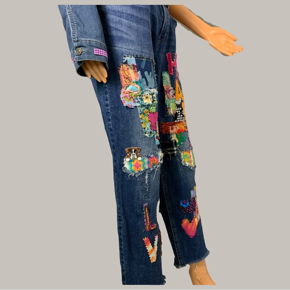 Colorful Upcycled Patchwork and Embellished Women's Denim Jean - Picture 7 of 13